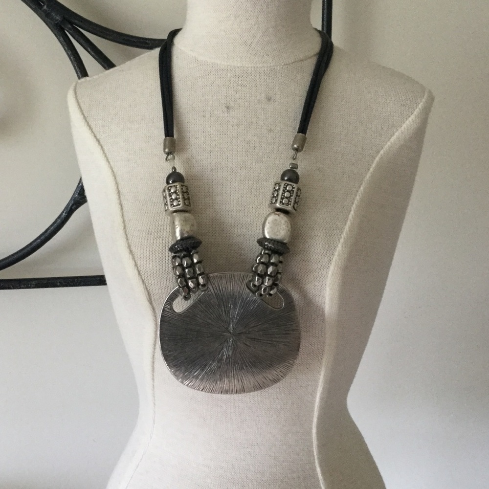Large Silver Disc & Bead Statement Necklace - image 2